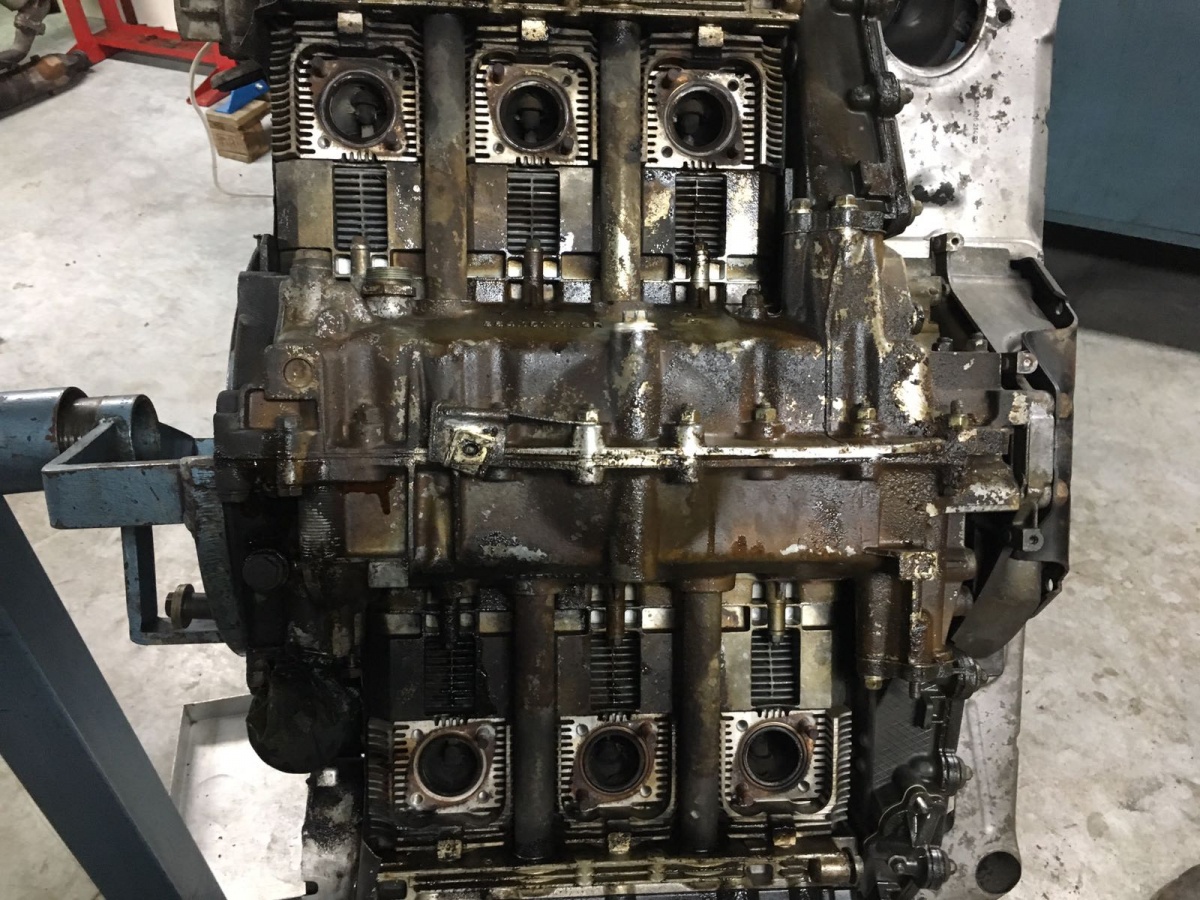 Engine rebuild in progress on a workshop stand